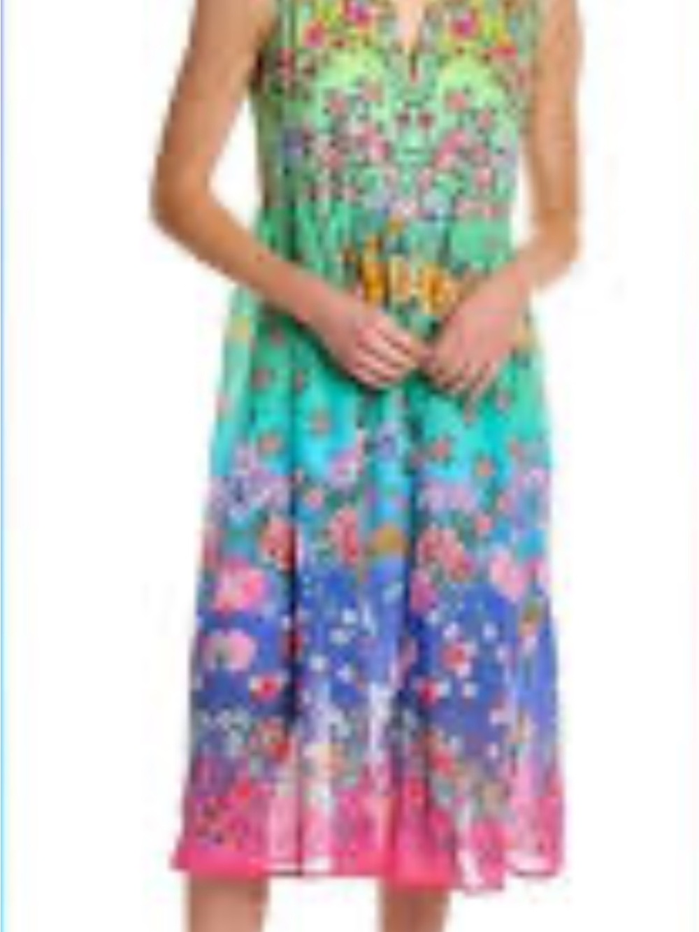 Johnny Was Sleeveless Floral Ombre Dress in Green, Blue & Pink